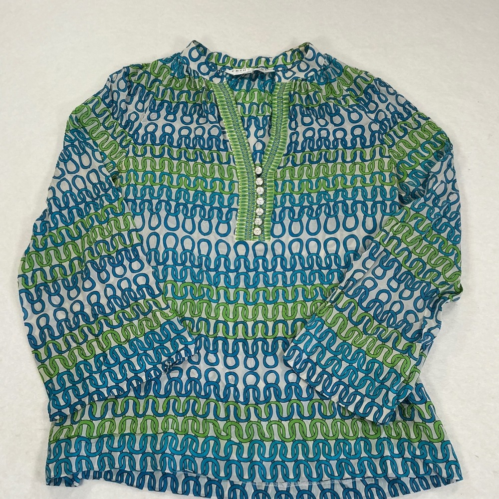 Trina Turk Silk Blend Geometric Chain Link Print Tunic Top Blue Green Size M